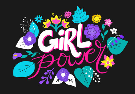 Feminism quote Girl power. Hand drawn lettering with flowers. Vector illustrationのイラスト素材