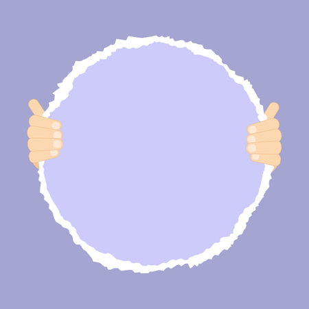 Hands holding a torn paper circle. Paper with a copy space. Vector illustrationのイラスト素材