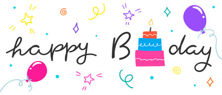 Happy B-day birthday greeting card with a hand drawn calligraphy and cartoon festive elements. Vector illustrationのイラスト素材