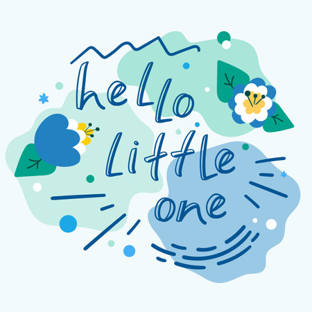 Hello little one greeting card with a hand drawn calligraphy and cartoon flowers. For celebration of a childbirth, birthday, pregnancy and baby shower. Vector artのイラスト素材
