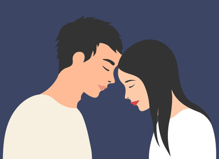 Guy and Girl standing head to head. Portrait of lovers. Vector illustrationのイラスト素材