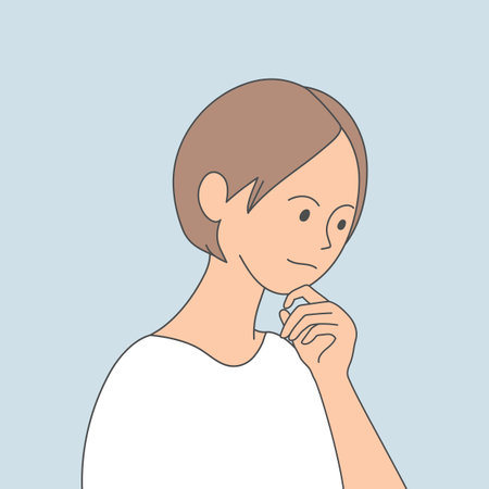 Young girl in a thoughtful pose. Woman is thinking or making decision. Vector illustrationのイラスト素材