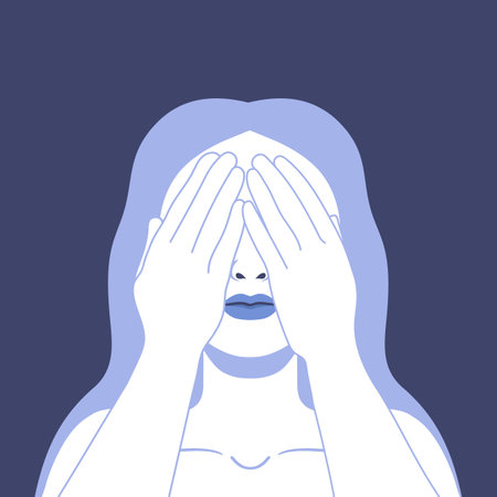 Portrait of a young woman covering her eyes with hands to avoid seeing things. Hand drawn vector illustrationのイラスト素材