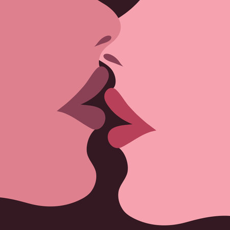 Close up portrait of two kissing women. Lesbian couple kissing. Women lips kissing. Vector illustrationのイラスト素材