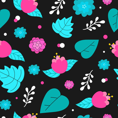 Bright colored botanical seamless pattern. Cartoon flowers, leaves and branches on black background....