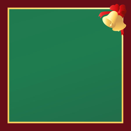 Christmas greeting card with gold frame decorated with festive bells. Traditional Christmas colors. Vector illustrationのイラスト素材
