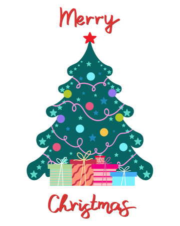Merry Christmas greeting card with Christmas tree and handwriting. Hand drawn lettering. Vector illustrationのイラスト素材