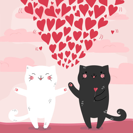 Two hand drawn cats in love with hearts on pink sunset background. Valentine's Day greeting card. Vector illustrationのイラスト素材