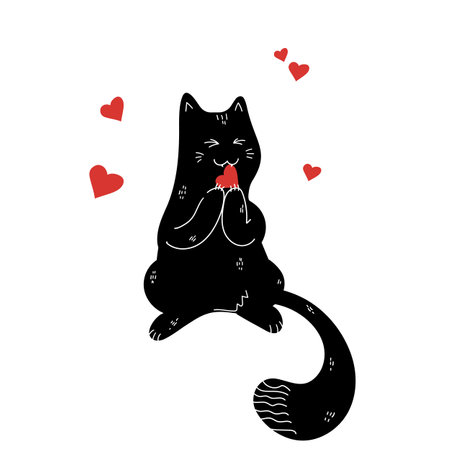 Cute hand drawn cat is biting a heart. Valentine's Day card. Vector illustrationのイラスト素材