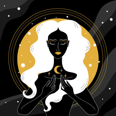 Mystical Sorceress or witch with stars and crescent on gold and black background. Witchcraft and magic vector illustrationのイラスト素材