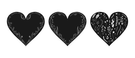 Set of hand drawn Heart templates decorated with botanical elements in boho style. Hearts with blank space and floral arrangement. Vector illustrationのイラスト素材