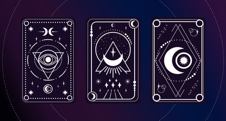 Tarot card set with a magical eye, moon, crescent and stars decorated with geometric shapes. Tarot symbolism. Mystery, astrology, esoteric. Vector illustrationのイラスト素材