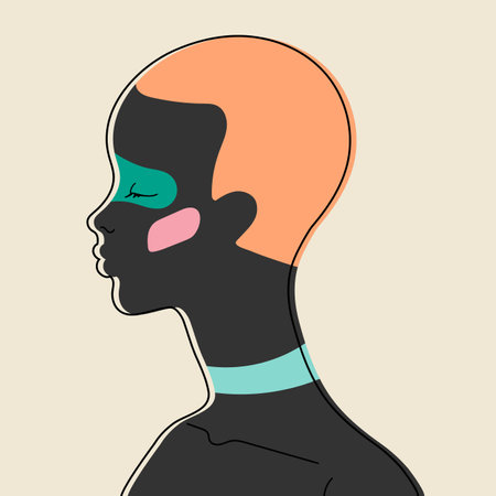 Female profile silhouette with closed eyes and colored shapes on face and neck. Vector illustrationのイラスト素材