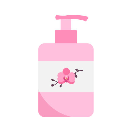 Plastic pump bottle for cosmetic products like cleansing or shower gel, shampoo, liquid soap, cream or lotion. Bottle with dispenser decorated with an orchid. Vector illustrationのイラスト素材