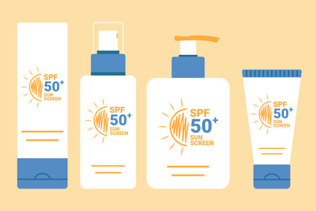 Set of sunscreen products. SPF summer skincare product design. SPF 50 cream, spray, lotion, milk. Vector illustrationのイラスト素材