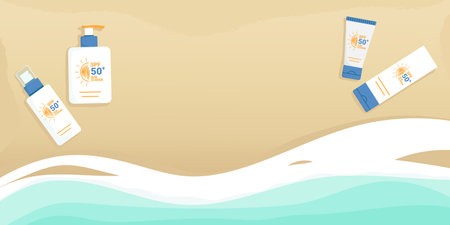 Sunblock sunscreen products summer beach banner. SPF summer skincare products on a sand and wave background. SPF 50 cream, spray, lotion, milk. Vector illustrationのイラスト素材