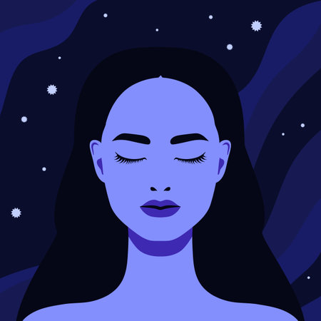 Beautiful woman with closed eyes on night sky background with stars. Vector illustrationのイラスト素材