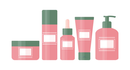 Set of cosmetic products like cleansing gel, toner, face serum, cream and body lotion. Bottles and tubes for beauty and skin care. Vector illustrationのイラスト素材