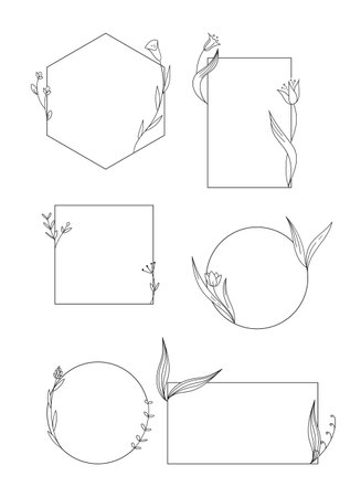 Set of elegant templates with hand drawn botanical elements. Different geometric shaped frames with flowers. Vector illustrationのイラスト素材