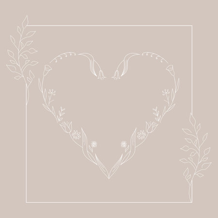 Heart template made of hand drawn flowers and plants. Heart with botanical elements in boho style. Vector illustrationのイラスト素材