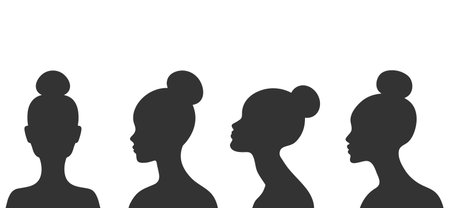 Abstract women silhouettes set. Faceless women with bun on the head portraits. Vector illustrationのイラスト素材