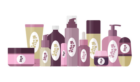 Set of cosmetic tools for daily beauty routine. Tubes and bottles for skin care and beauty with logo design. Vector illustrationのイラスト素材