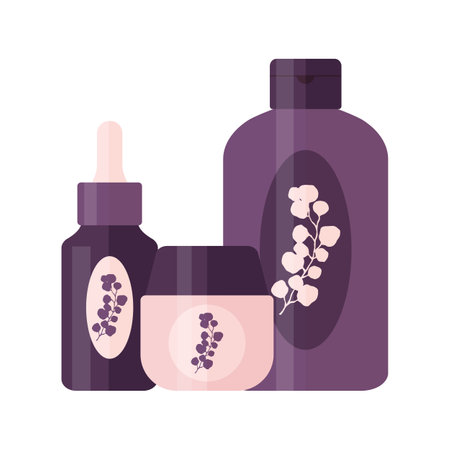 Set of cosmetic products for daily routine. Tubes and bottles for skin care and beauty with logo design. Vector illustrationのイラスト素材