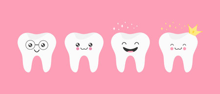 Set of cute cartoon teeth. Healthy and happy tooth. Cute smiling tooth icons. Vector illustrationのイラスト素材