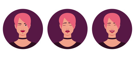 Set of portraits of a beautiful informal young woman with pink hair and piercing. Smiling and winking, crying and laughing girl. Vector illustrationのイラスト素材