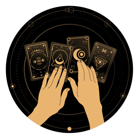 Fortune telling with Tarot symbolism. Woman hands and tarot cards. Mystery, astrology, esotericのイラスト素材