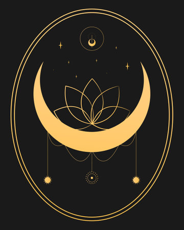 Abstract celestial emblem with a crescent, lotus flower and stars. Vector illustrationのイラスト素材