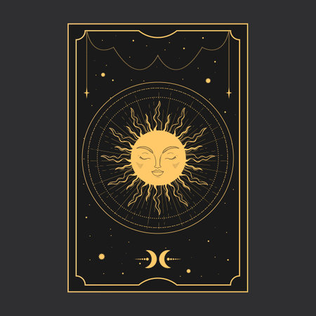 Golden Tarot card with a magical sun. Tarot symbolism. Mystery, astrology, esoteric. Vector illustrationのイラスト素材