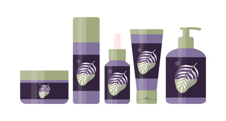 Set of cosmetic tools for daily beauty routine. Tubes and bottles for skin care and beauty with palm tree leaf logo design. Vector illustrationのイラスト素材