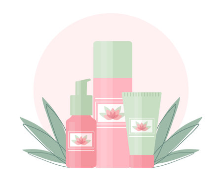 Set of cosmetic tubes with a lotus flower logo design. Tubes for beauty and skin care with a cream, toner and serum. Vector illustrationのイラスト素材