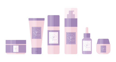 Set of bottles and tubes for beauty and skin care decorated with flower outline logo. Cosmetic products package design. Vector illustrationのイラスト素材