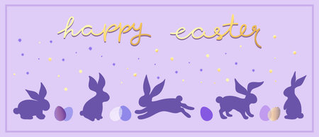Easter festive banner with rabbit silhouettes, easter eggs and stars. Decorated with handwritten...
