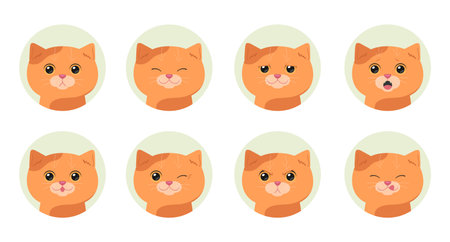 Set of cartoon ginger tabby cats with different emotions. Emotional cat. Vector illustrationのイラスト素材
