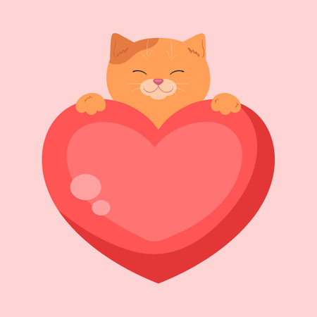 Cartoon ginger cat holding a heart. Cute template for love card or Valentines Day greeting. Vector illustrationのイラスト素材