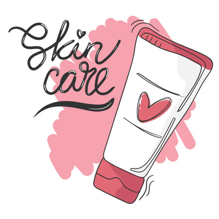 Skin care concept. Calligraphy quote or slogan for beauty routine and hand drawn doodle cream tube. Vector illustrationのイラスト素材