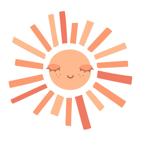 Cute hand drawn smiling sun with closed eyes. Scandinavian style decoration for nursery kids room. Vector illustrationのイラスト素材