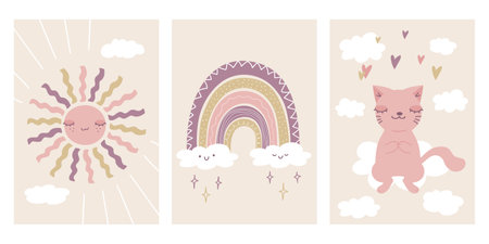 Decorations in Scandinavian style. Sun, rainbow, cat sitting on a cloud. Cartoon childish design for nursery, kids room, baby shower. Vector illustrationのイラスト素材