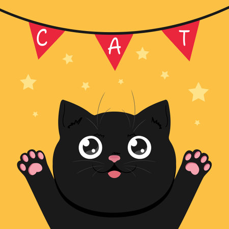 Black peeking cat. Happy cat on yellow background decorated with stars and garland. Cute cartoon character. Vector illustrationのイラスト素材