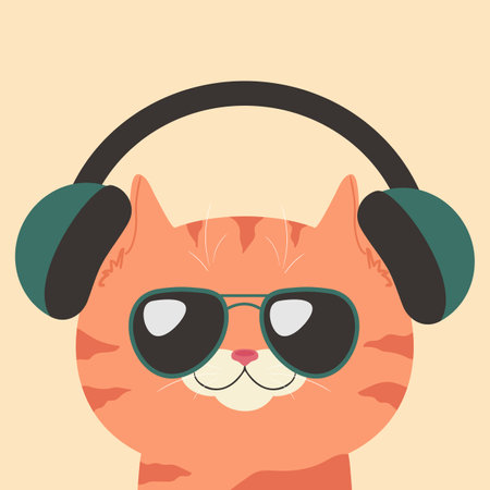 Red tabby cat in headphones wearing sunglasses. Ginger cat listening to music. Cute cartoon character. Vector illustrationのイラスト素材