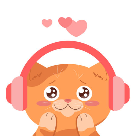 Cute red tabby cat in headphones. Cat listening to music with love. Cute cartoon character. Vector illustrationのイラスト素材