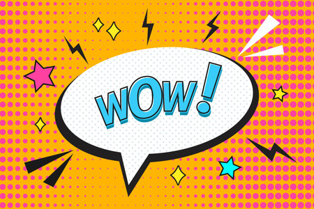 Comic speech bubble with text Wow in pop art style. Bright background decorated with dots, stars and...