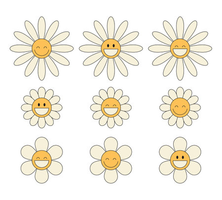 Groovy daisy chamomile flower characters set. Hippie retro style. Flower icons. Vector illustrationのイラスト素材