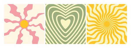 Groovy retro backgrounds. Sun with rays, heart and flower. Hippie 60s, 70s style. Vector...