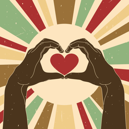 Vintage retro style background with hands making heart gesture. Heart sign. Grunge texture. Vector illustrationのイラスト素材