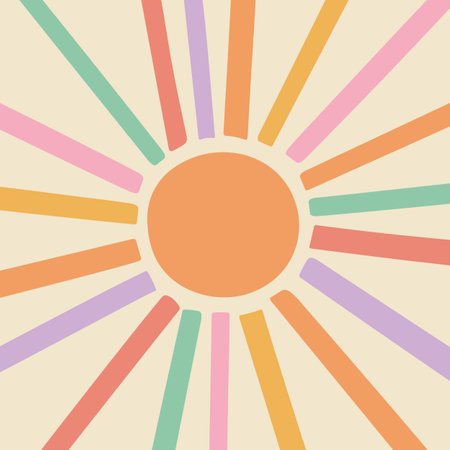 Cute hand drawn sun in groovy colors. Scandinavian style decoration for kids room. Vector illustrationのイラスト素材