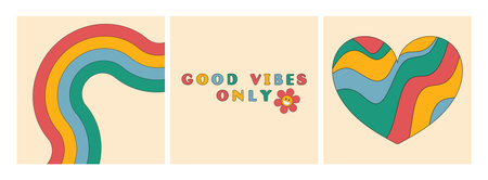 Good vibes only slogan groovy backgrounds set. Wavy heart. Bright rainbow. 70s Hippie retro style. Vector illustrationのイラスト素材